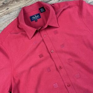 Nat Nast Silk Button Up Shirt  Large Crimson Red Camp Bowling Embroidered Square